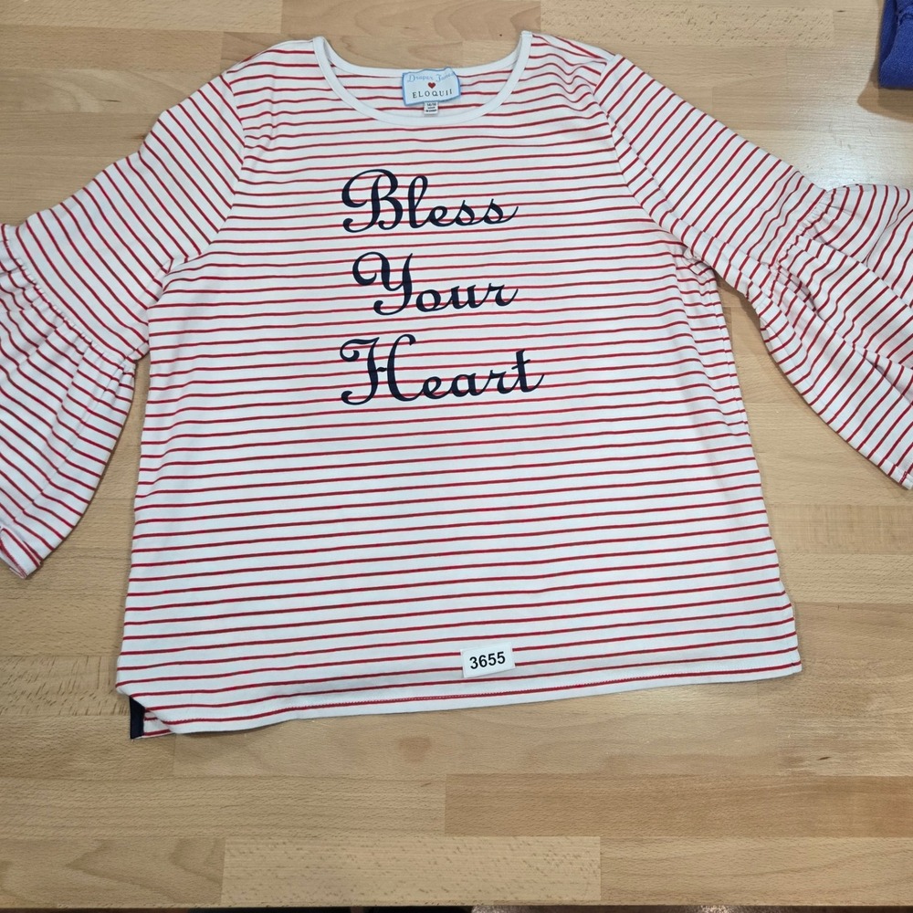 Sz 14/16 Draper James Eloquii Womens Top Striped Red White Bell Sleeve